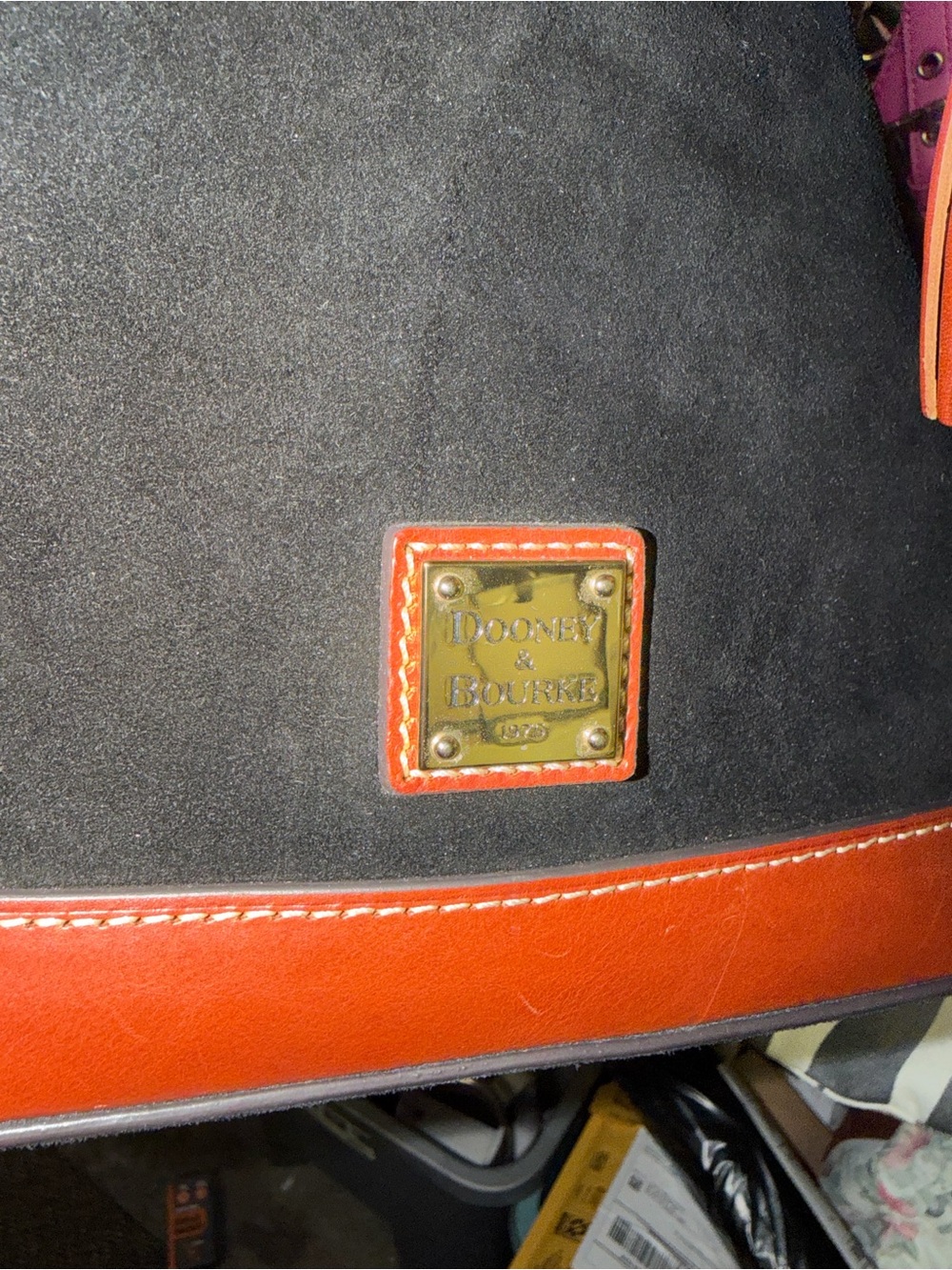 Dooney & Bourke Small Black Suede Bucket Bag with Tan Leather Trim - Picture 5 of 15